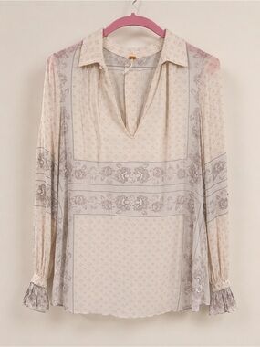 Free People Boho Floral Print Long Sleeve Blouse Cream Gray Small